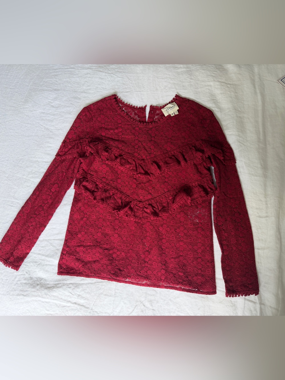 Sezane Burgundy Lace Ruffle Long-Sleeve Top